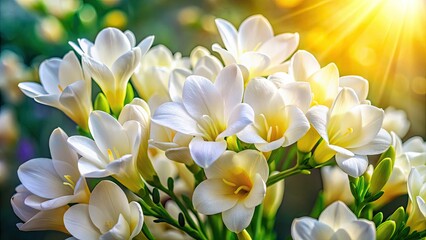 Obraz premium Drone captures breathtaking aerial view of pristine white freesias, a stunning botanical masterpiece.