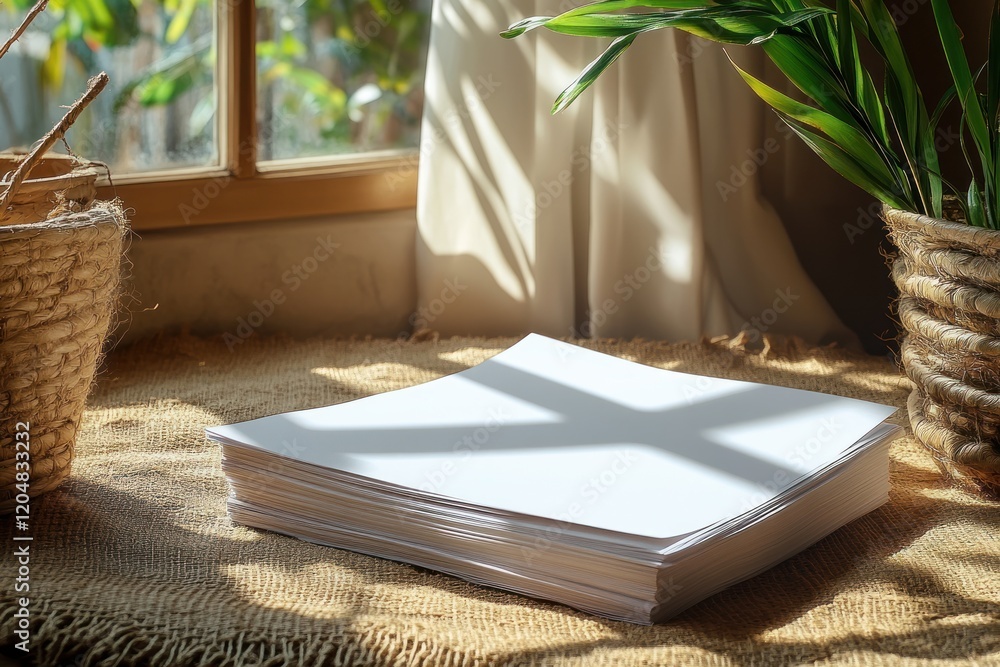 Poster mockup of two horizontal blank paper sheets on textured surface with natural light shadows for flyer