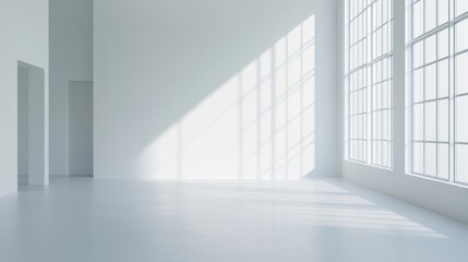 Fototapeta premium Modern open office space with white walls and natural light, concept of workspace productivity.