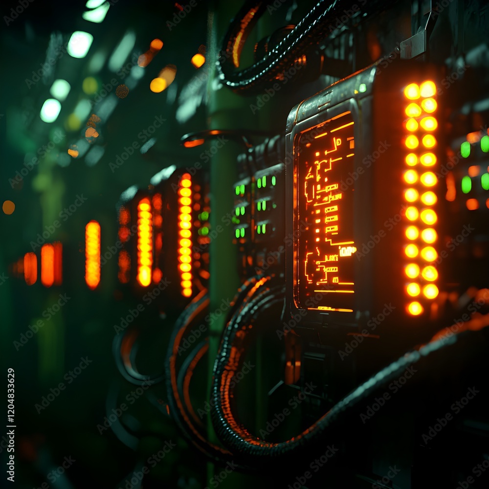 Poster futuristic data center with illuminated circuit boards and technology