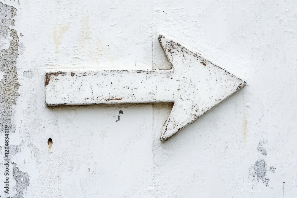 Aufkleber white directional arrow pointing right on a weathered wall with peeling paint in an urban setting. g