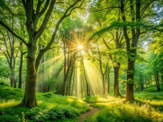 Obraz premium Evocative green landscape, painterly vintage woodland scene bathed in sunlight.