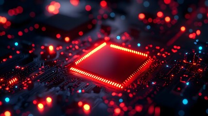 Futuristic circuit board with glowing red and blue lights in depth