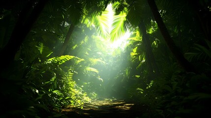 Fototapeta premium Lush Tropical Jungle with Sunlight Filtering Through Dense Foliage