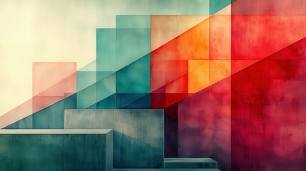 Abstract geometric shapes with watercolor texture, depicting rising blocks in red, orange, teal, and grey tones.