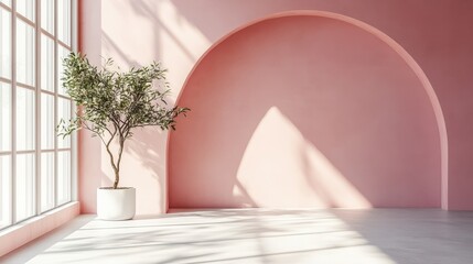 Fototapeta premium Minimalist Interior with Pink Arch and Potted Plant Bathed in Natural Sunlight from Large Windows