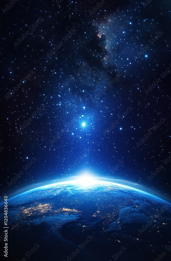 Wall mural earth from space hyper-realistic view with blue glow starry horizon
