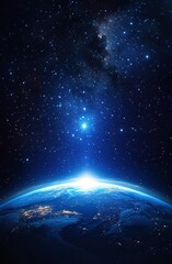 Earth from Space Hyper-realistic View with Blue Glow Starry Horizon