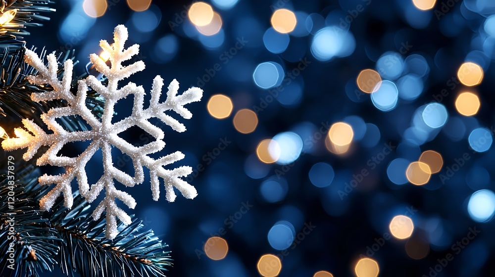 Poster shimmering snowflake ornament on christmas tree with bokeh background