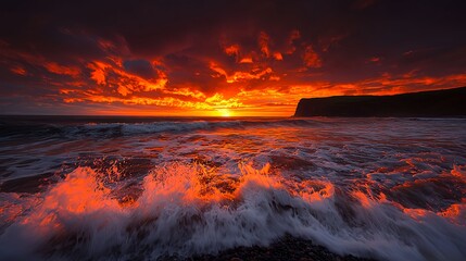 Stunning Sunset Over Ocean Waves with Fiery Cloud Formation