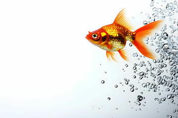 Fototapeta premium Vibrant Goldfish Swimming Against White Background with Bubbles