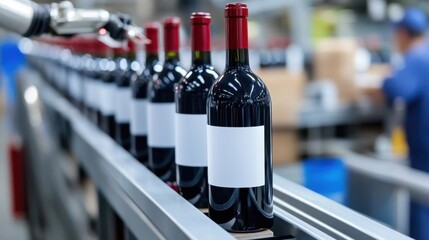 Bottles of red wine on a production line, showcasing automation in the bottling process with an empty white label for branding.