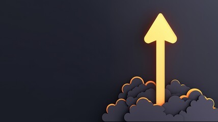 A glowing arrow points upward, emerging from dark clouds against a gray background, symbolizing growth, progress, or ascension.