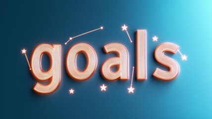 The image features the word "goals" designed with a creative, colorful texture, set against a gradient blue background with star-like accents.
