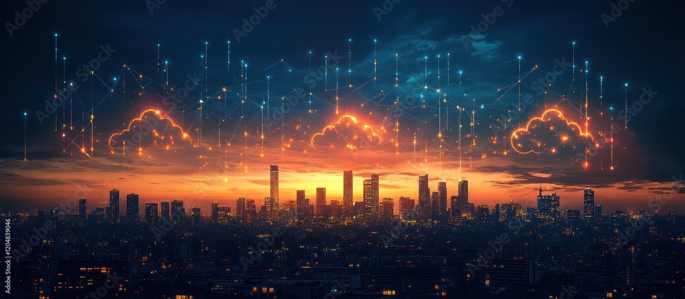 Aufkleber sunset cityscape with cloud computing network.
