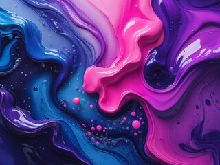 Vibrant abstract artwork with fluid swirls of blue, pink, and purple, featuring glossy textures and bubble details.
