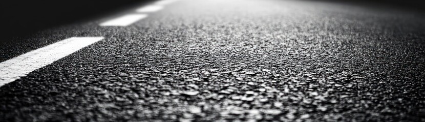textured asphalt road close-up with white lane markings in dramatic monochrome lighting