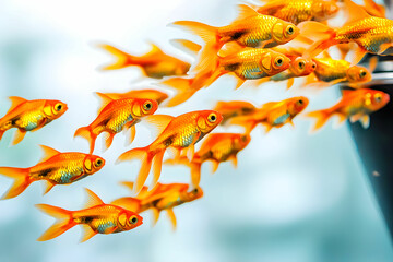 School of Vibrant Goldfish Swimming in Clear Blue Water
