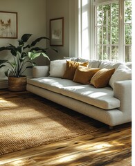 Cozy Living Room Scene with Gray Couch and Soft Pillows in Mid-Century Modern Style