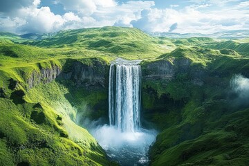 Majestic Waterfall in Icelandic Nature Landscape Aerial View with Lush Green Cliffs