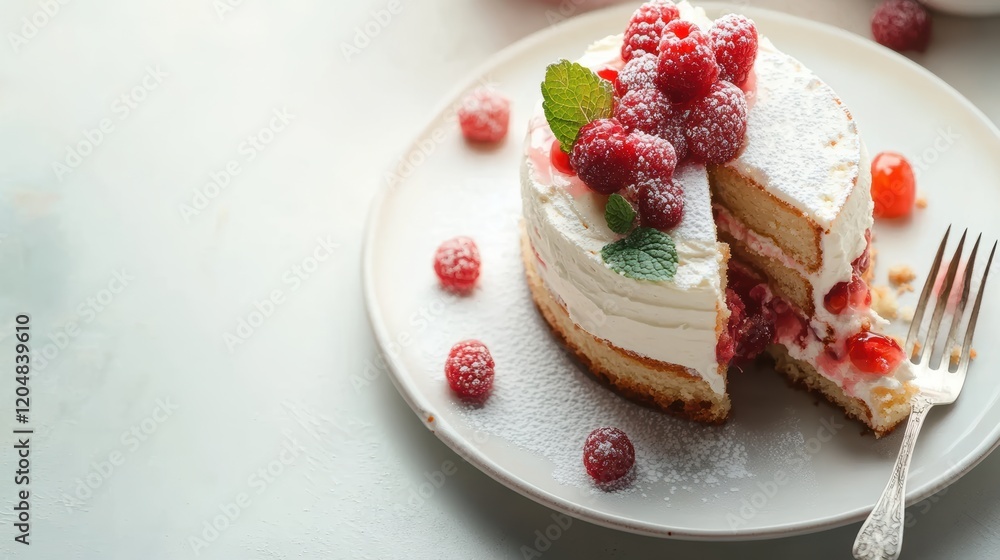 Poster plate with a slice of cake and a fork on a wooden table for dessert or dining setting