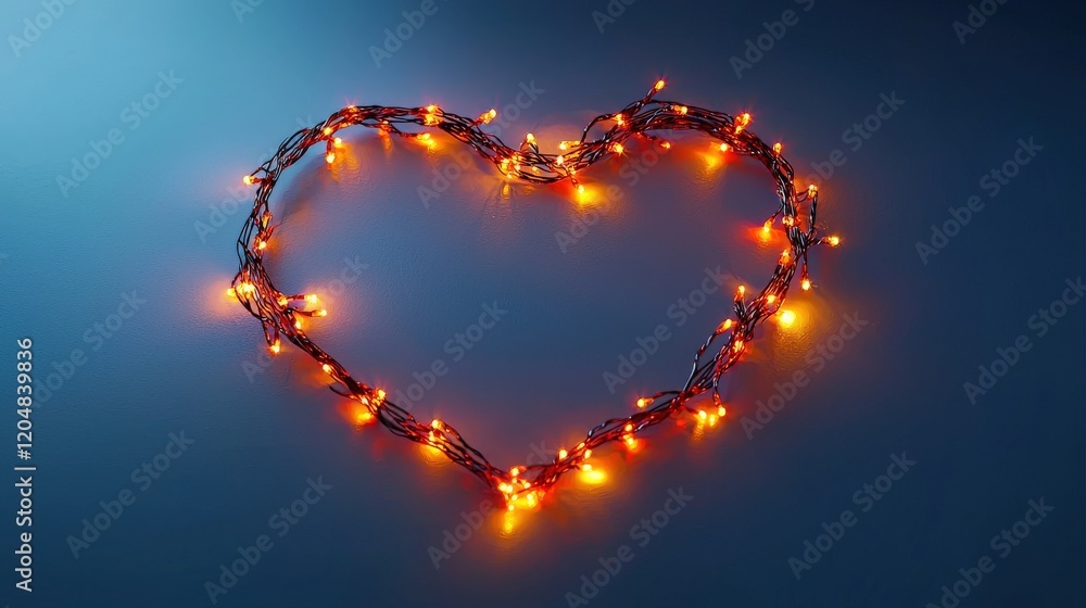 Poster warm string lights in heart shape on a soft blue background for romantic atmosphere