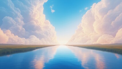 Surreal river flows upward into clouds, symbolizing breaking limitations and infinite possibilities. A serene, dreamlike scene blending water and air
