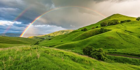 Obraz premium Vibrant rainbow over lush green hills in serene countryside landscape scene