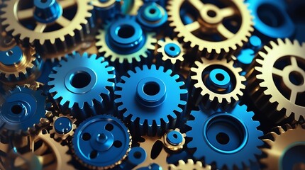 A striking composition of interlocking blue and gold gears, showcasing the importance of teamwork, precision, and innovation in industrial engineering and mechanical systems.

