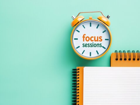 A vibrant workspace featuring an orange alarm clock and spiral notebooks, emphasizing productivity with "focus sessions" displayed prominently.