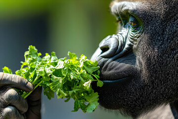 Close-Up of Gorilla Enjoying Fresh Greens in Natural Habitat