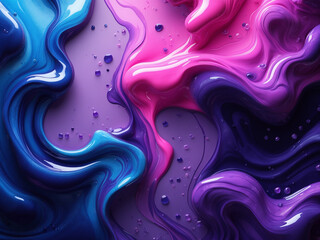 Obraz premium Vibrant abstract artwork with fluid swirls of blue, pink, and purple, featuring glossy textures and bubble details.