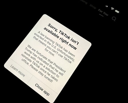 TikTok App Ban in United States takes effect on January 18, 2025 with message to users in the iPhone app that the ban may be reversed by President Trump