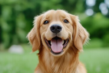 Obraz premium A cheerful golden retriever smiles brightly against a blurred green background, embodying joy and companionship.
