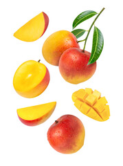 Ripe mango with slice and green leaf flying isolated on transparent png background.