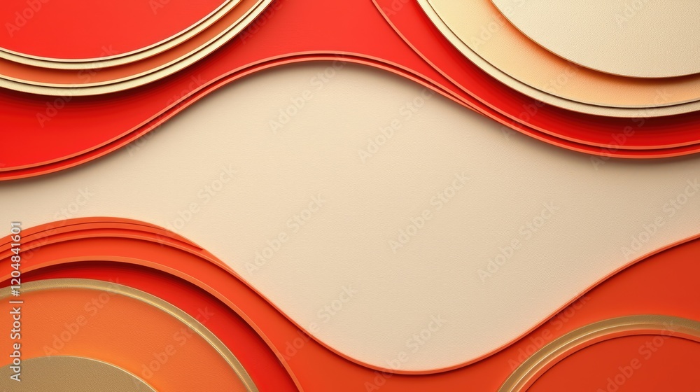 Poster an abstract design featuring layered curves in red, orange, and cream tones, creating a harmonious a