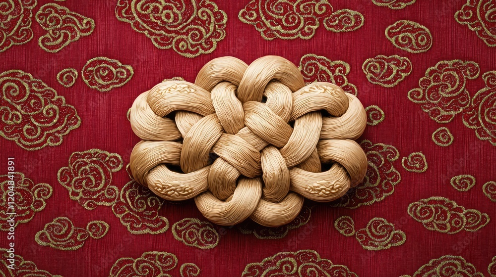 Poster a decorative knot made of intertwined strands sits atop a rich red fabric with golden cloud patterns