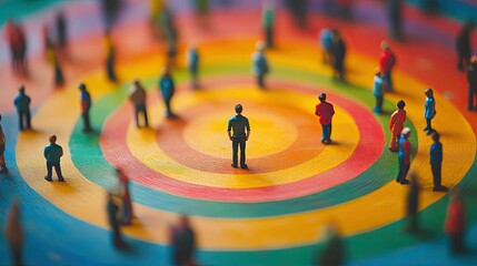 A central blue figure stands on a multicolored target-like surface with concentric circles