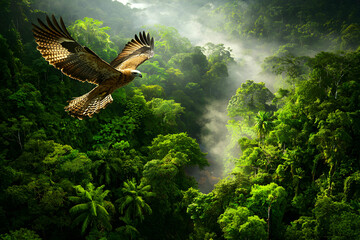 Fototapeta premium Majestic Hawk Flying Over Lush Tropical Rainforest Landscape