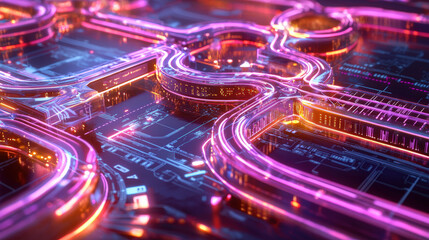 vibrant digital circuit design featuring glowing neon pathways and intricate patterns, symbolizing advanced technology and connectivity. colorful lights create futuristic atmosphere