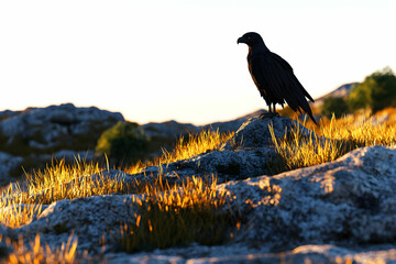Majestic Black Bird Silhouette Against Golden Sunset Landscape