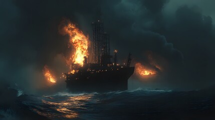 Dramatic Scene of a Burning Oil Rig in Dark Stormy Ocean