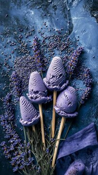 Lavender ice cream pops arranged artistically with fresh lavender flowers on a blue textured background