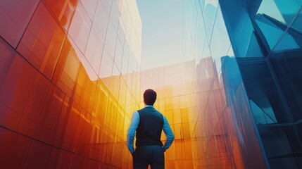 Obraz premium Professional supervisor overseeing construction, back view, illustrating project management, advanced tone, animation Triadic Color Scheme