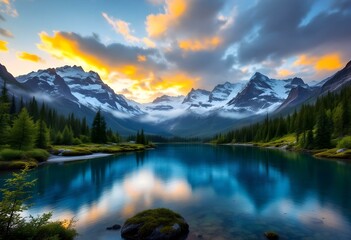 A spectacular natural landscape featuring snow-capped mountains in the background, with vibrant orange skies at sunrise. 