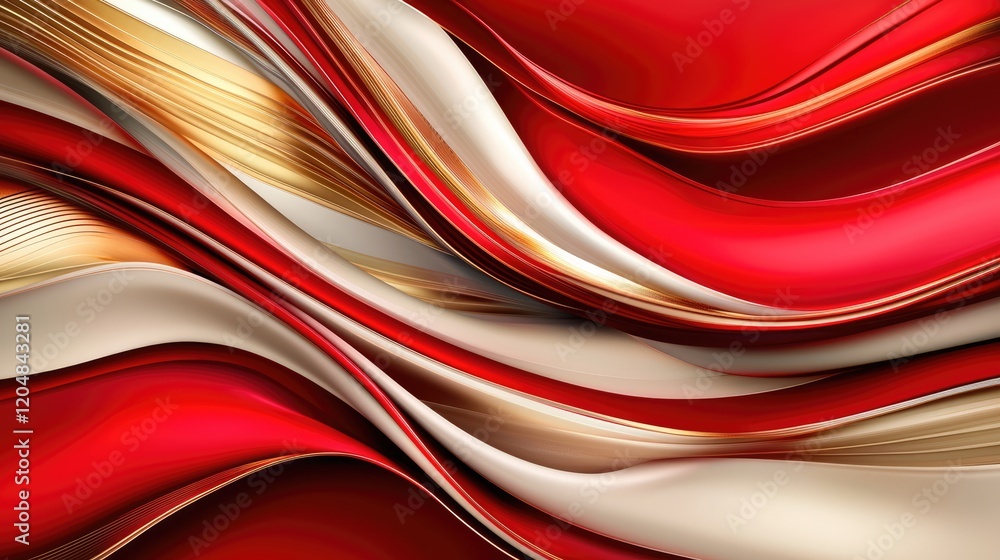Poster a vibrant abstract design featuring flowing red, cream, and gold waves, creating a dynamic and elega