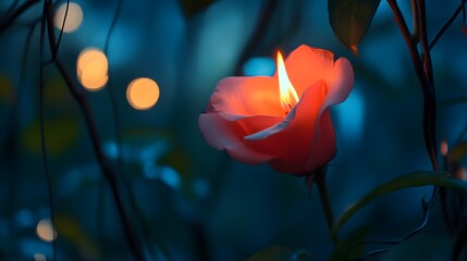 Enigmatic Rose with Illuminated Flame in a Dreamlike Atmosphere