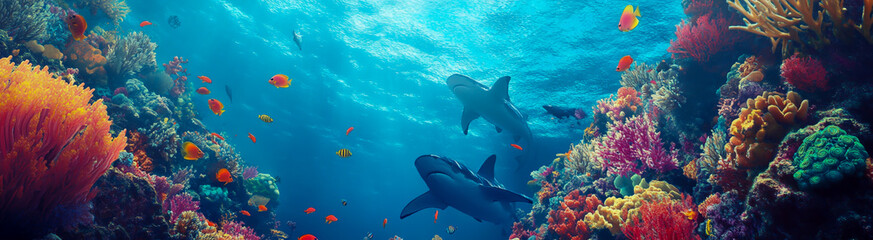 A vibrant coral reef full of vibrant fish and marine life.