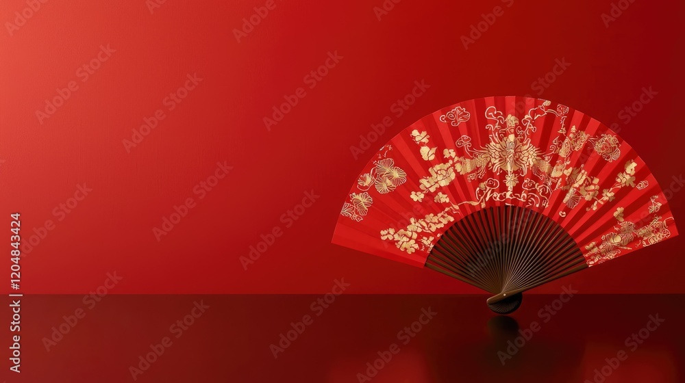 Poster A beautifully ornate red fan is displayed against a matching red background, emphasizing its intricate design and elegance.