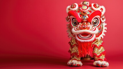 A vibrant lion dance statue in red and gold, symbolizing prosperity and good luck, stands against a striking red background.